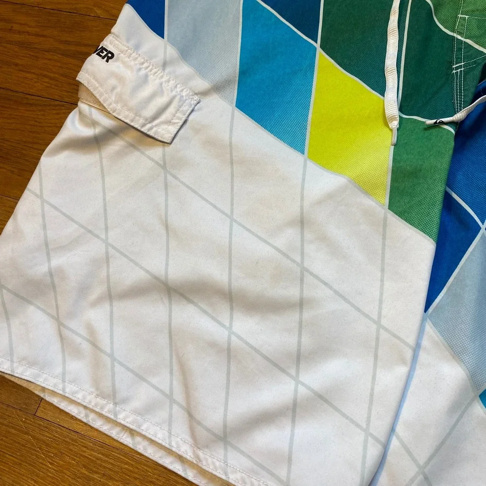 Quiksilver Board Shorts Mens 38 Geometric Diamond Green Blue Swim Surf‎ Trunks